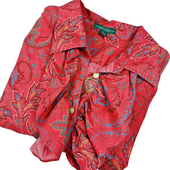 Ralph Lauren Jeans Co Red Paisley Ruffle Button Blouse LRG Western Boho Country - Picture 1 of 10